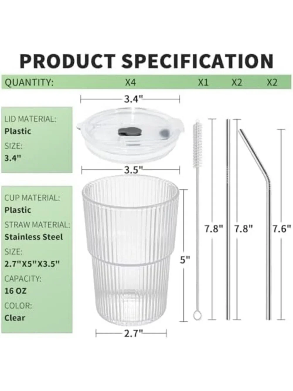 Reusable 16oz Iced Coffee Cups with Lids & Straws - Set of 4, BPA Free